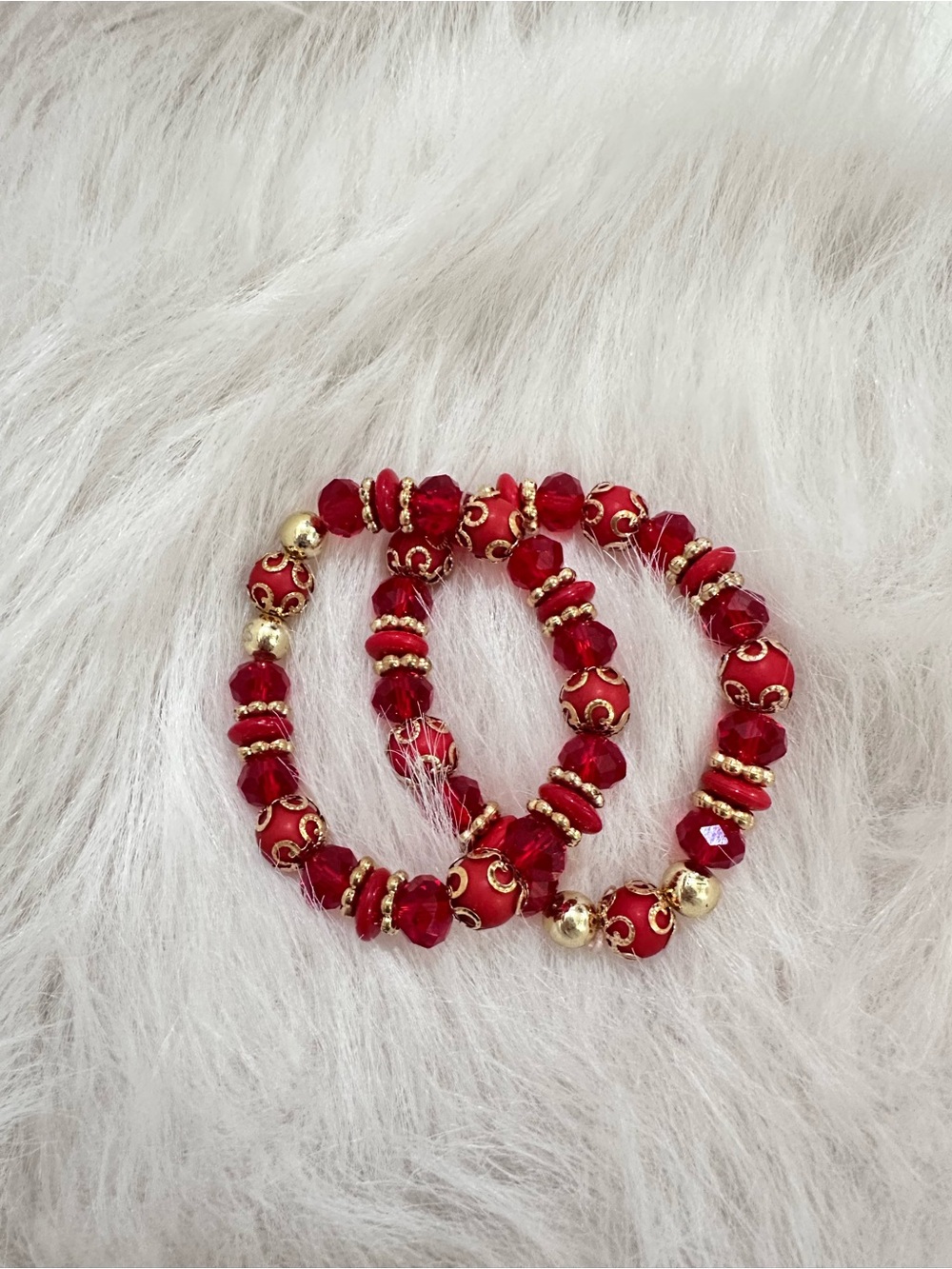 Red and Gold Beaded Stretch Bracelet Trio